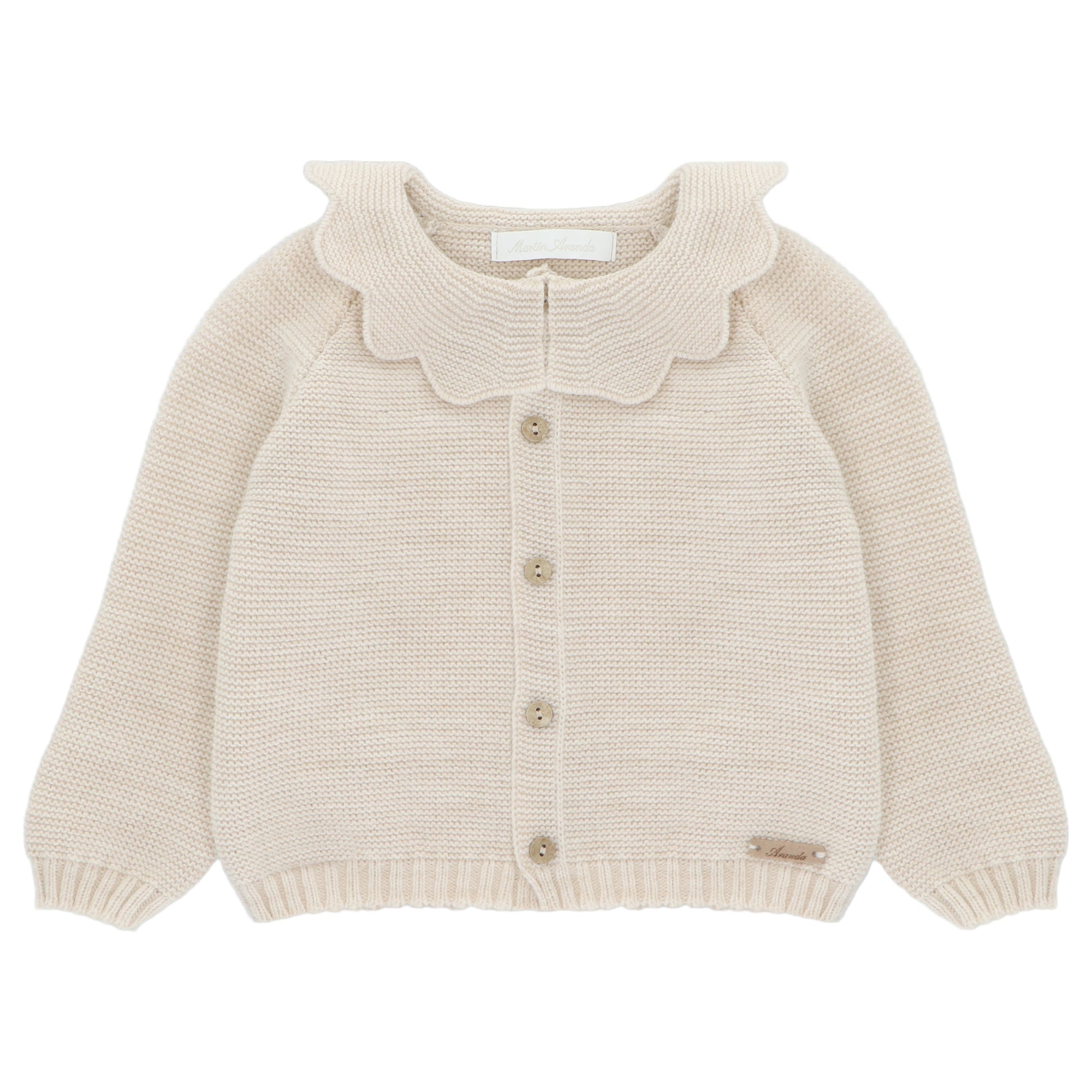 Beige knitted cardigan with scallop collar on a white background