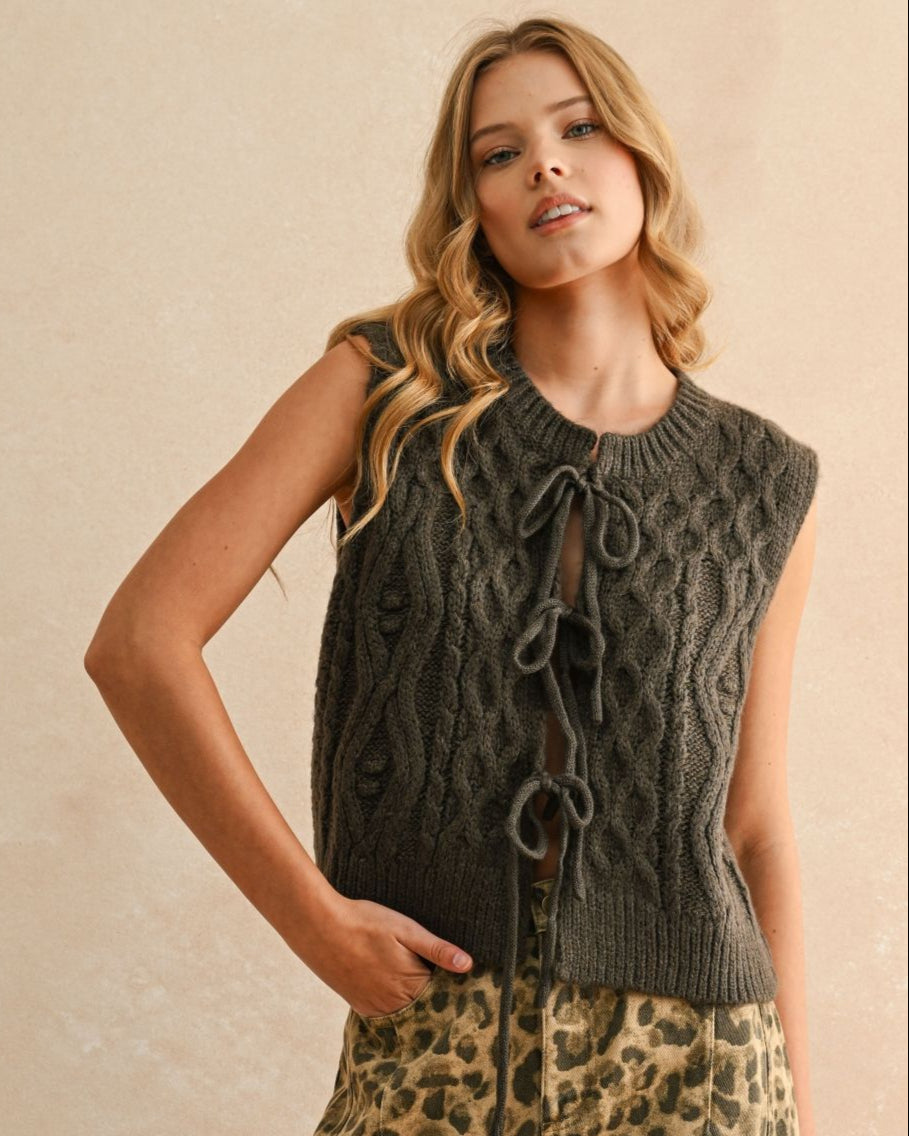 Olive Cable Vest with Ties