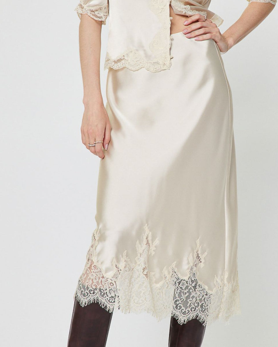 Ecru Satin Bias Cut Skirt Lace Hem