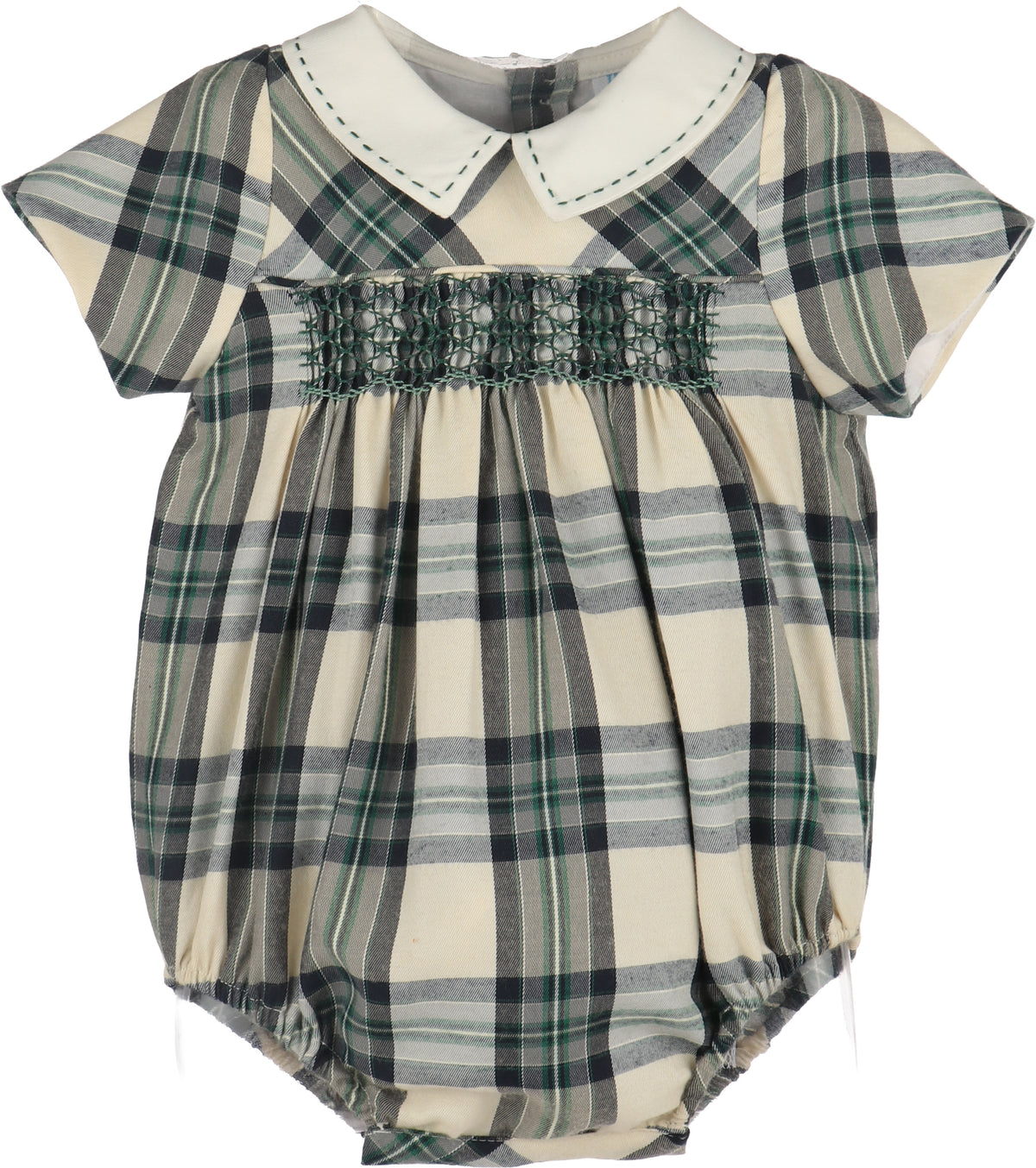 Navy Green Plaid Smocked Infant Romper