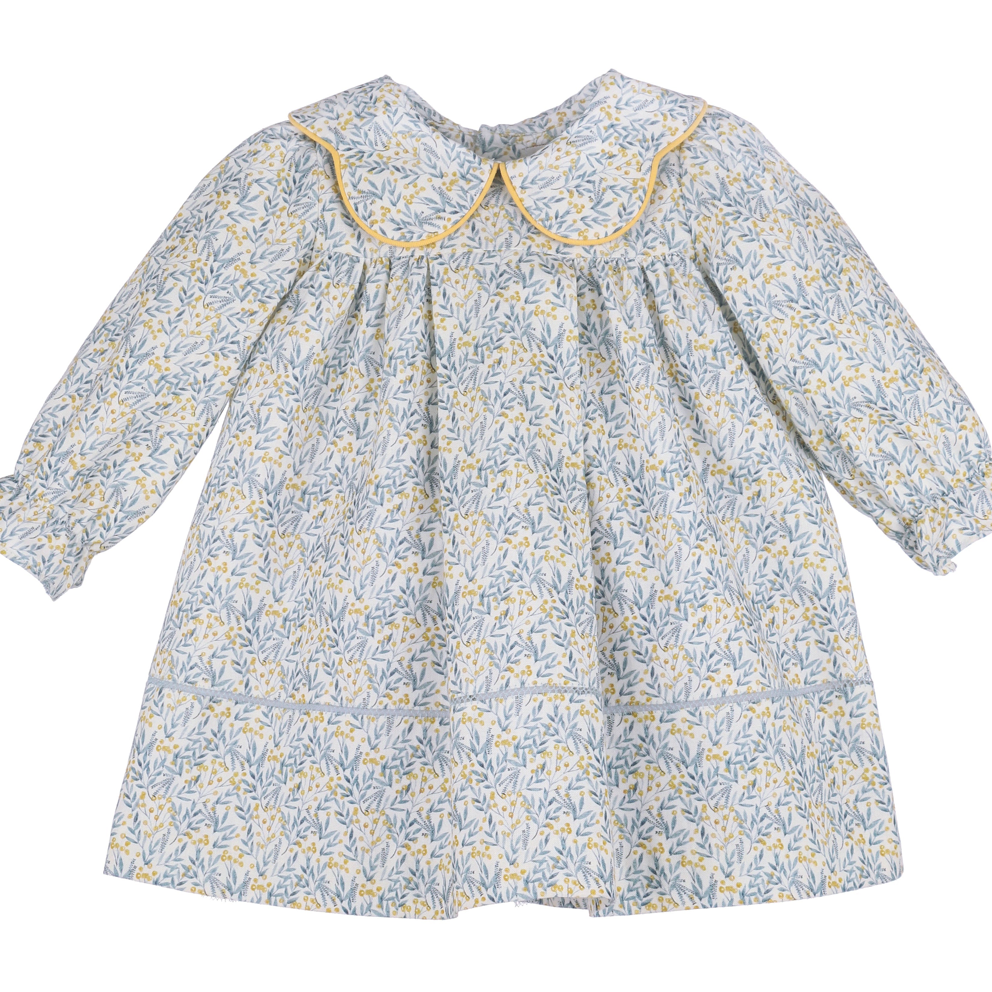 Blue and Gold Print Float Dress Piped Collar