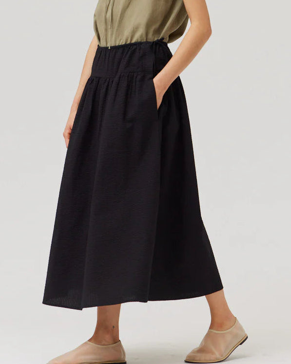 Black Seersuker Midi Skirt