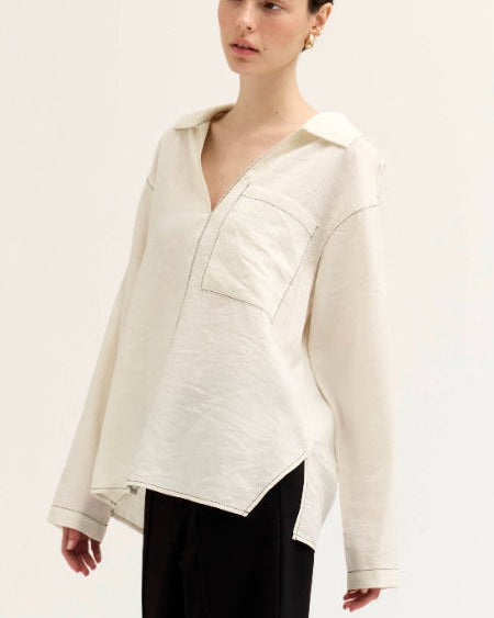Soy Popover Blouse Black Stitching