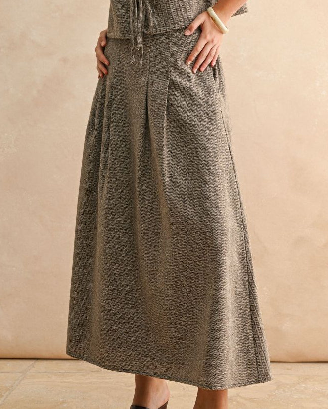 Brown Herringbone Pleat Waist Skirt
