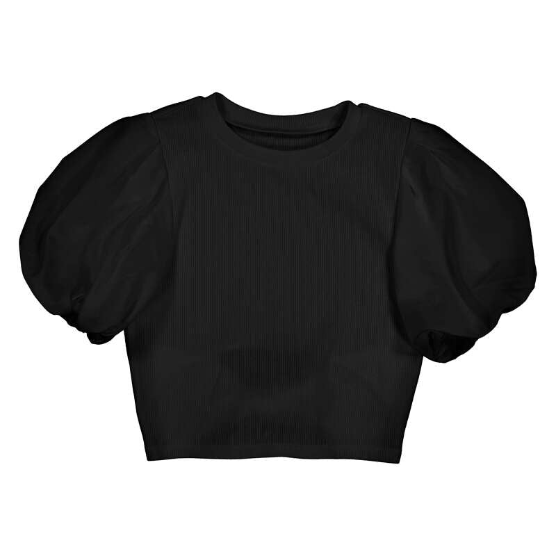 Black Crop Tee with Puff Sheer Sleeve