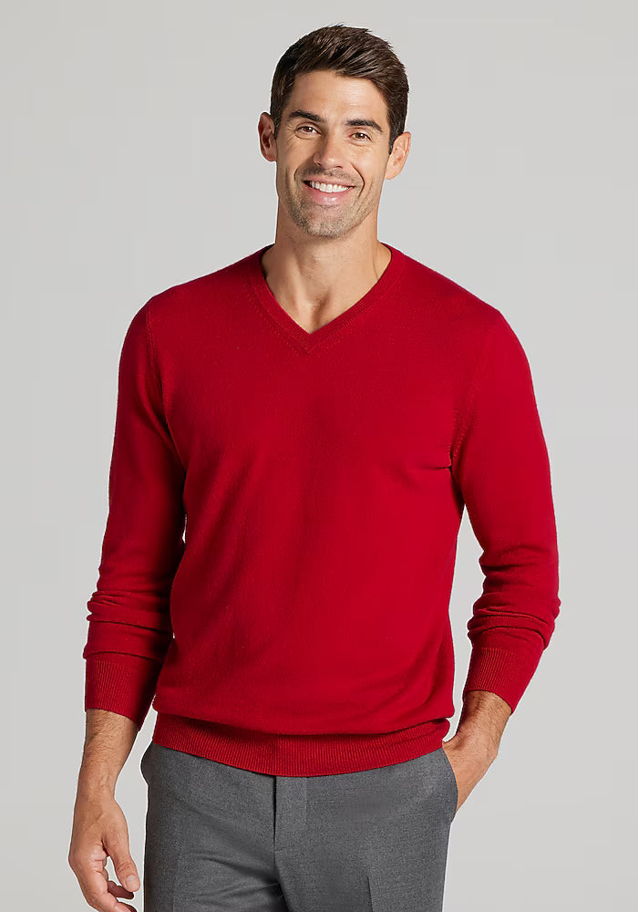 Men's Red Merino V-Neck Sweater