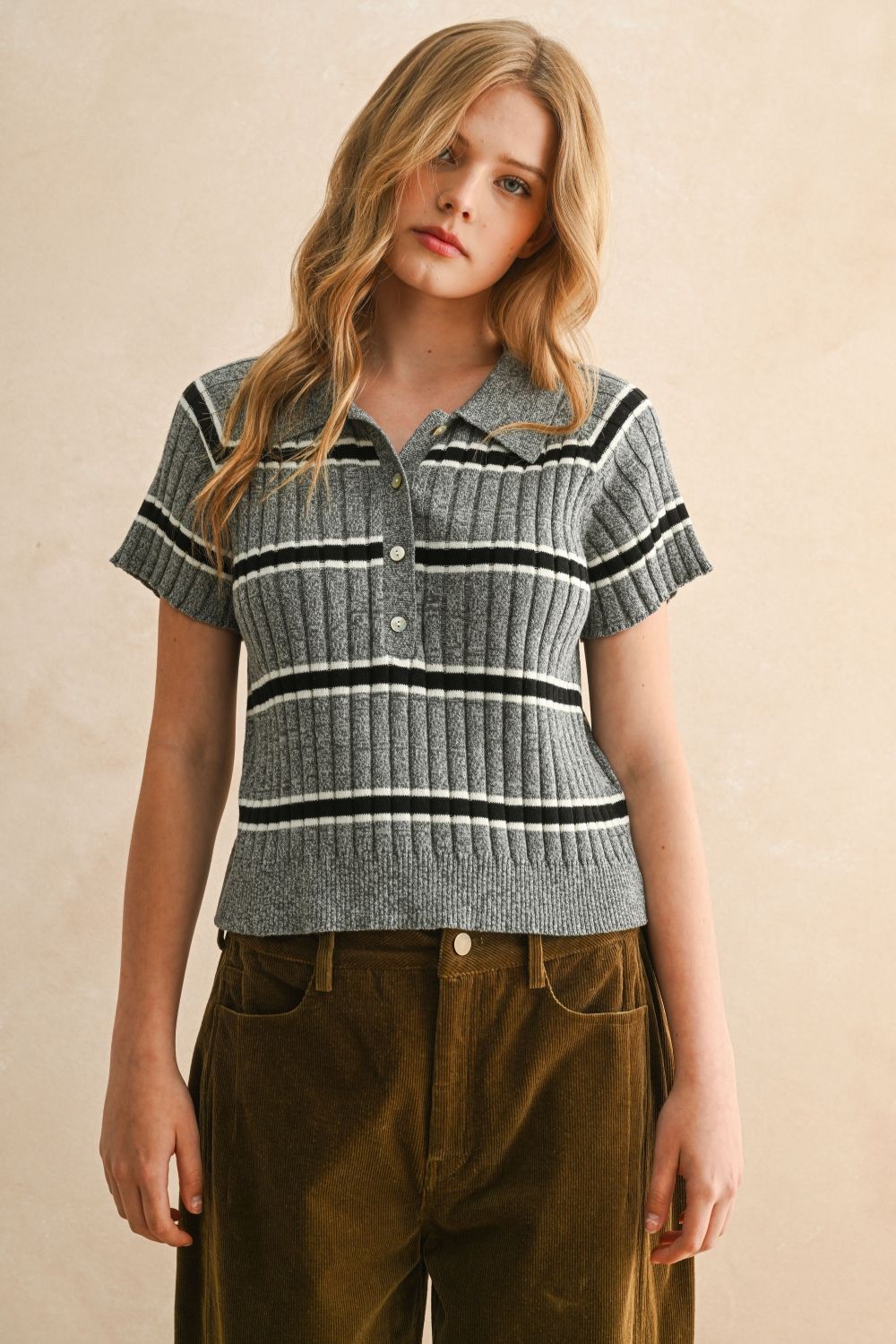 Grey Stripe Rib Polo Sweater