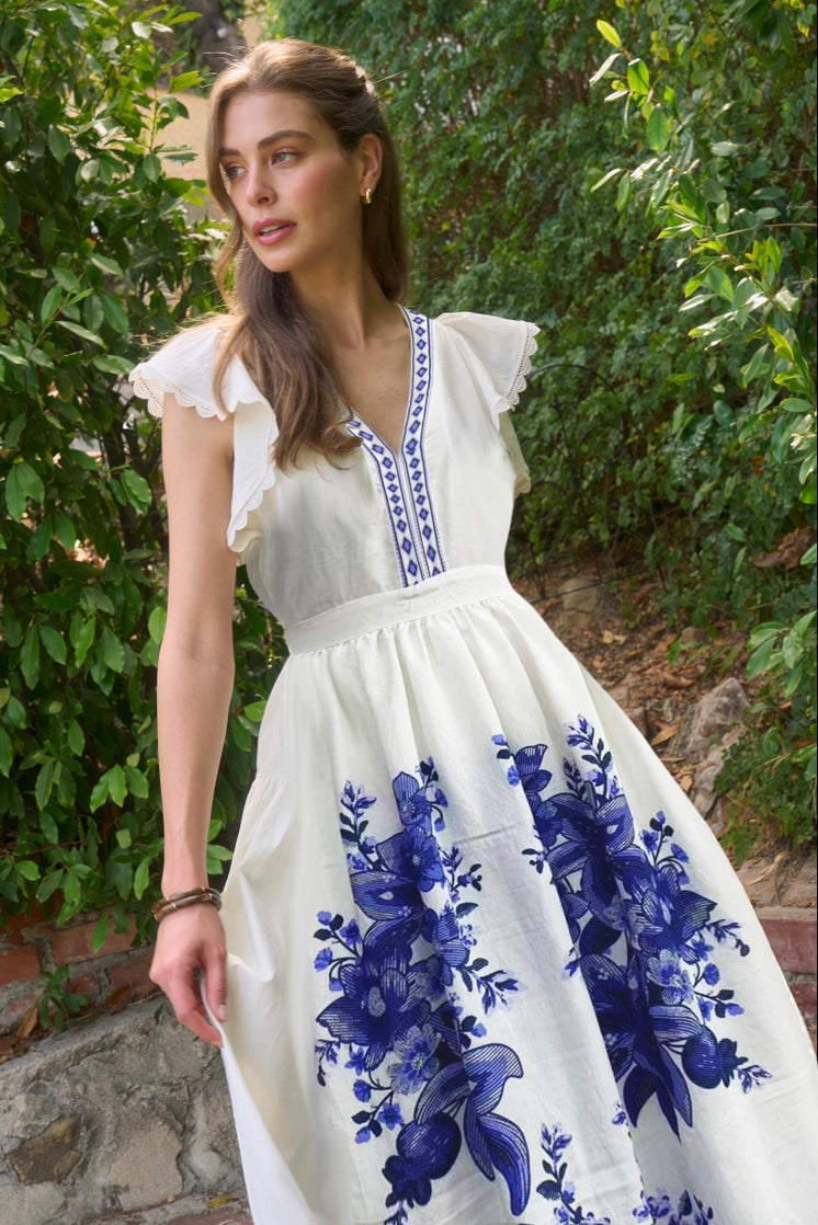 White with Chinoise Floral Midi Dress