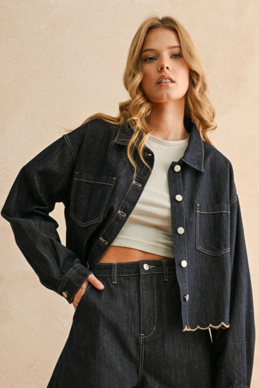 Dark Denim Crop Jacket with Scallop Hem