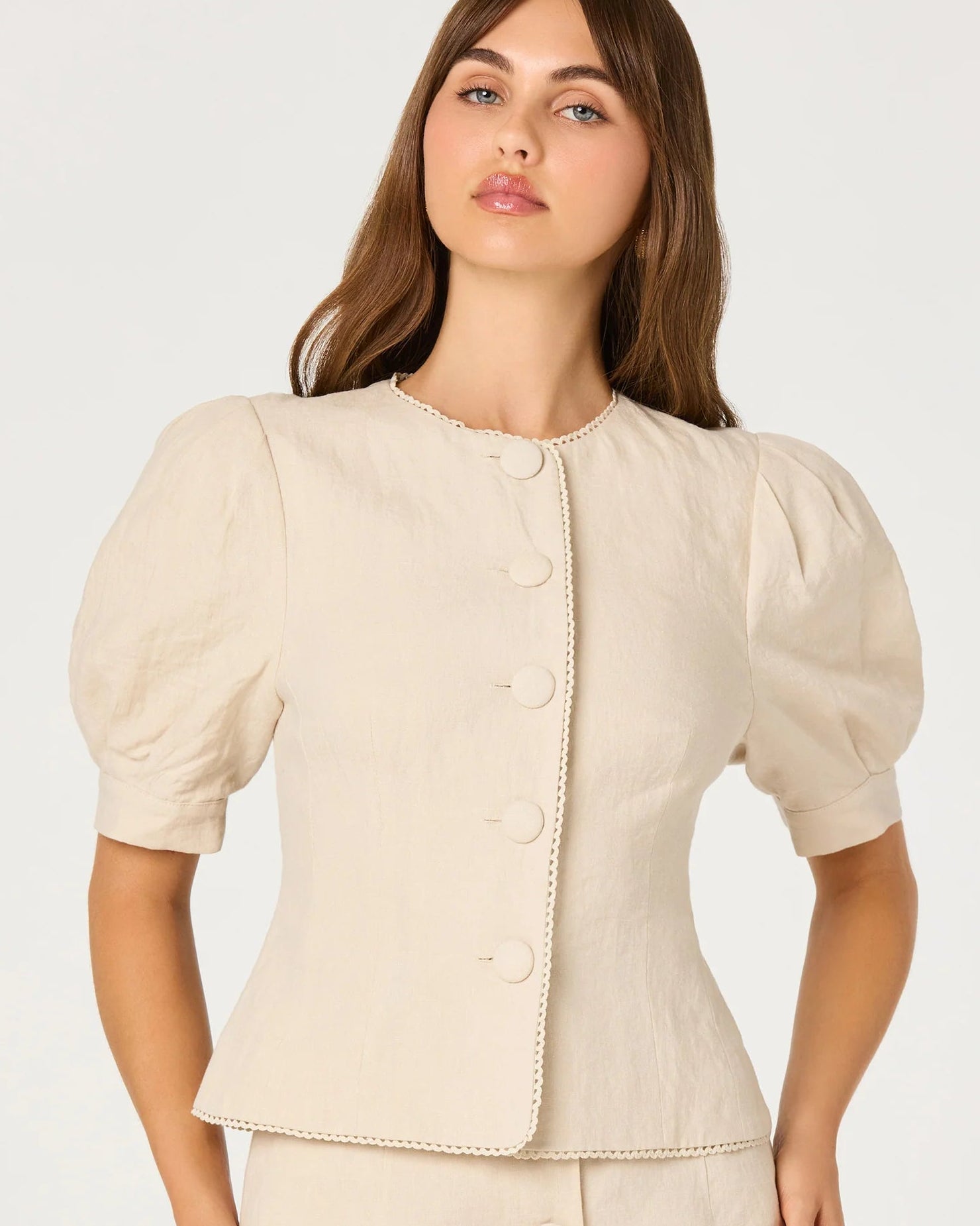 Natural Linen Trimmed Puff Sleeve Jacket