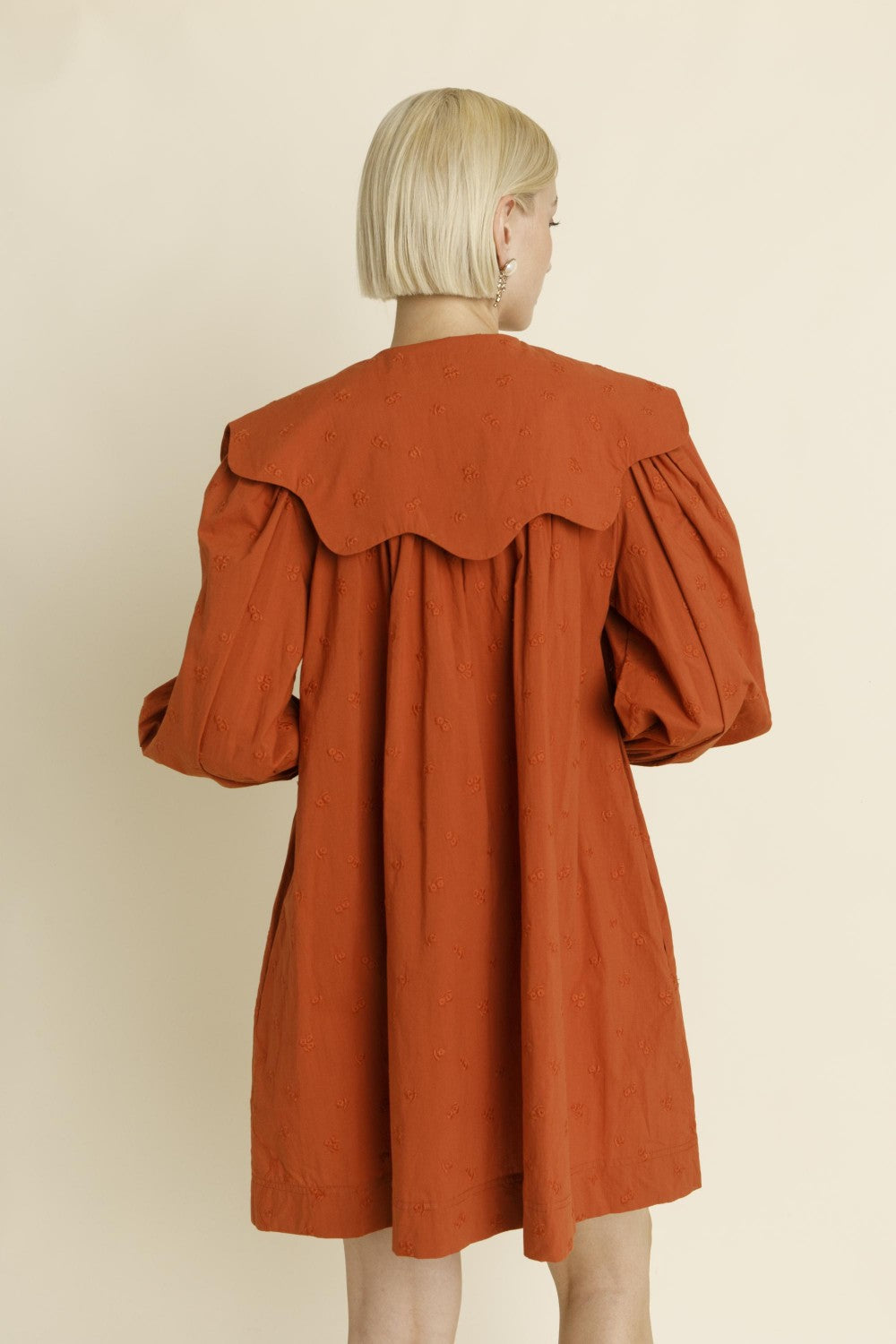 Terracotta Eyelet Scallop Collar Mini Dress