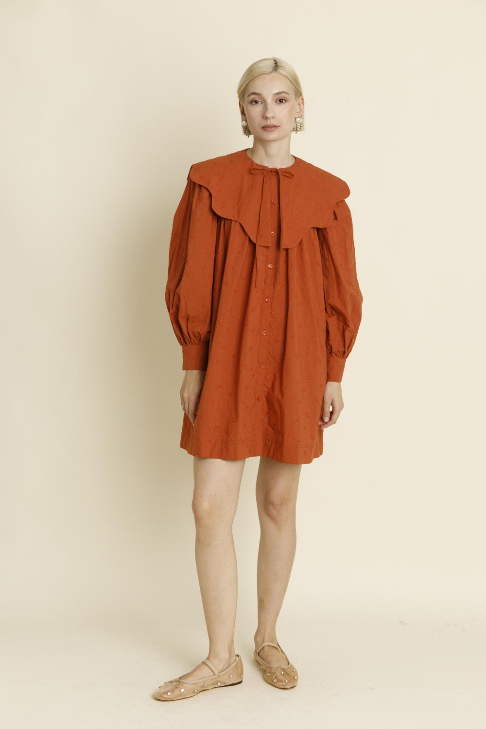 Terracotta Eyelet Scallop Collar Mini Dress