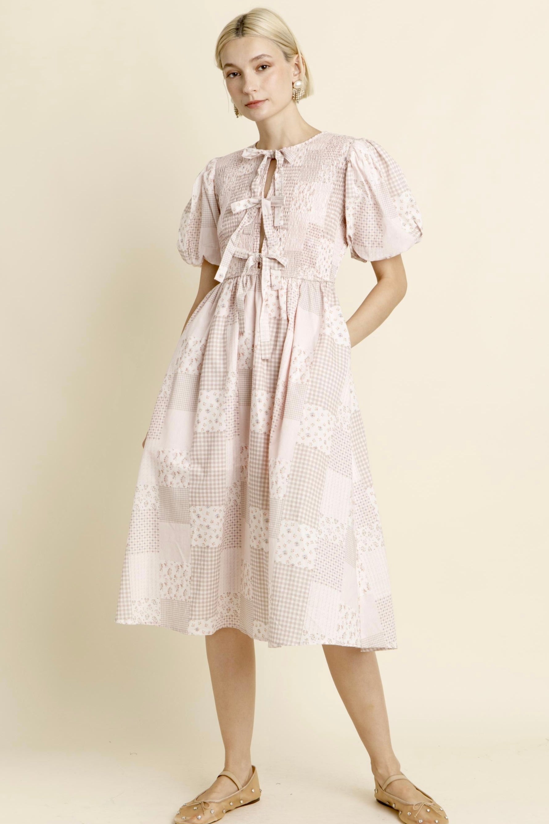 Peggy Pink Patchwork Tie Front Dress
