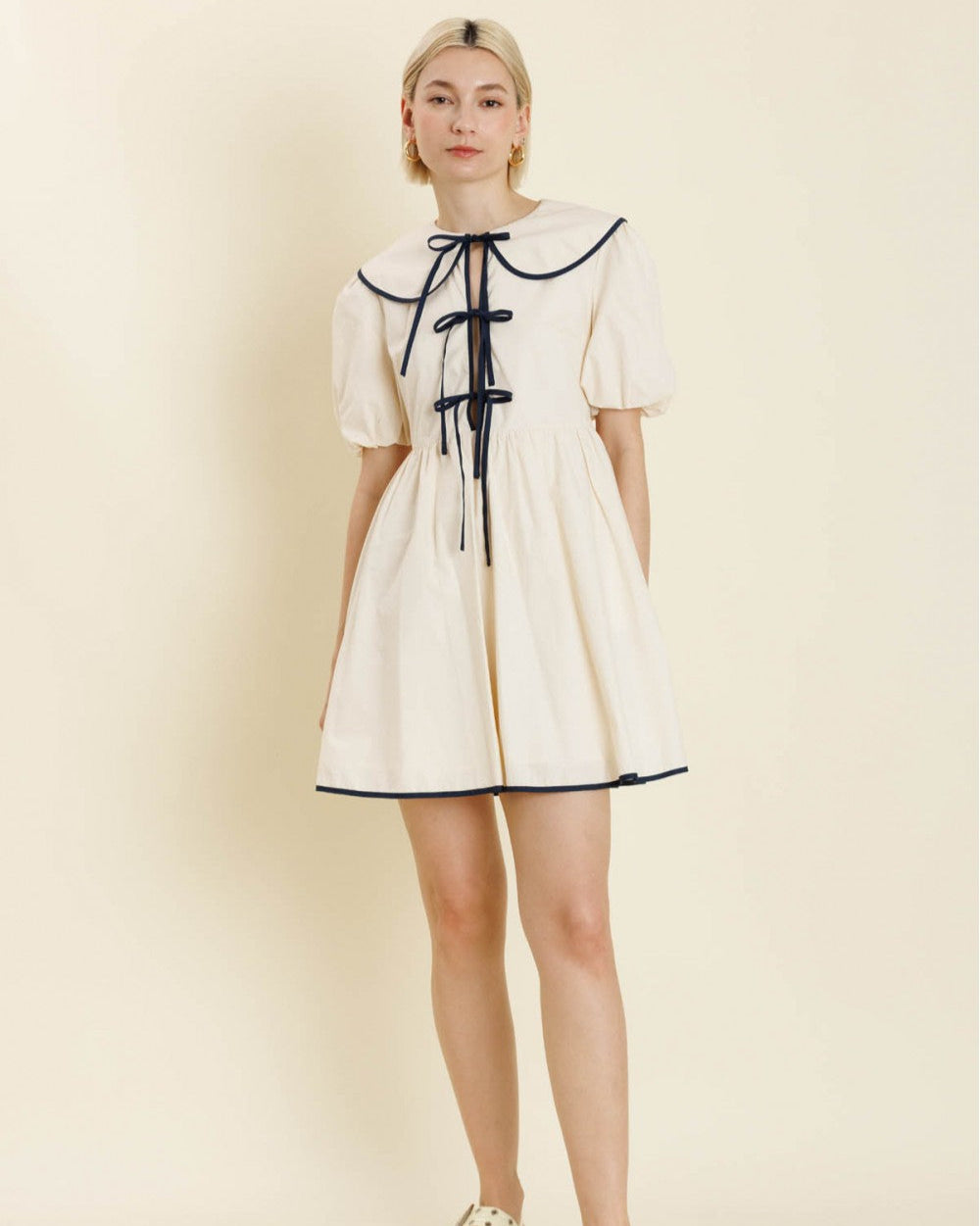 Sarah Cream Black Piped Collar Dress