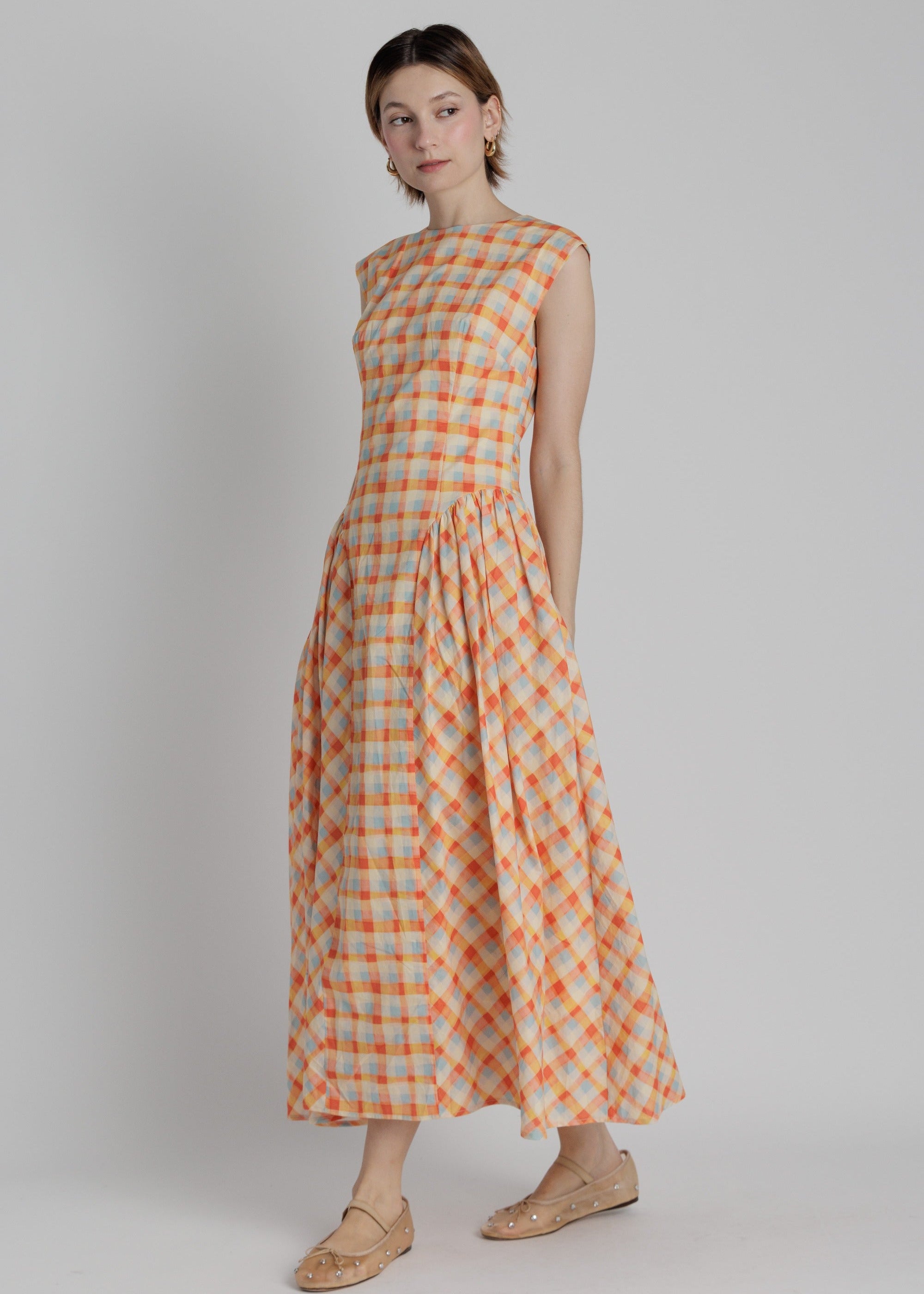 Orange Blue Plaid Basque Waist Dress