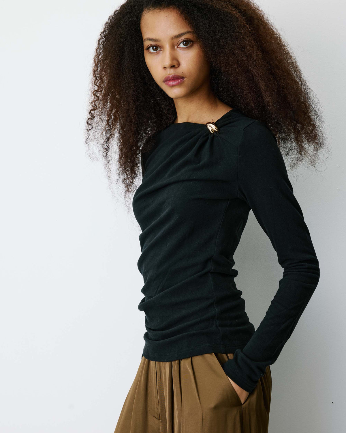 Black Knit Asymetrical Gathered Top