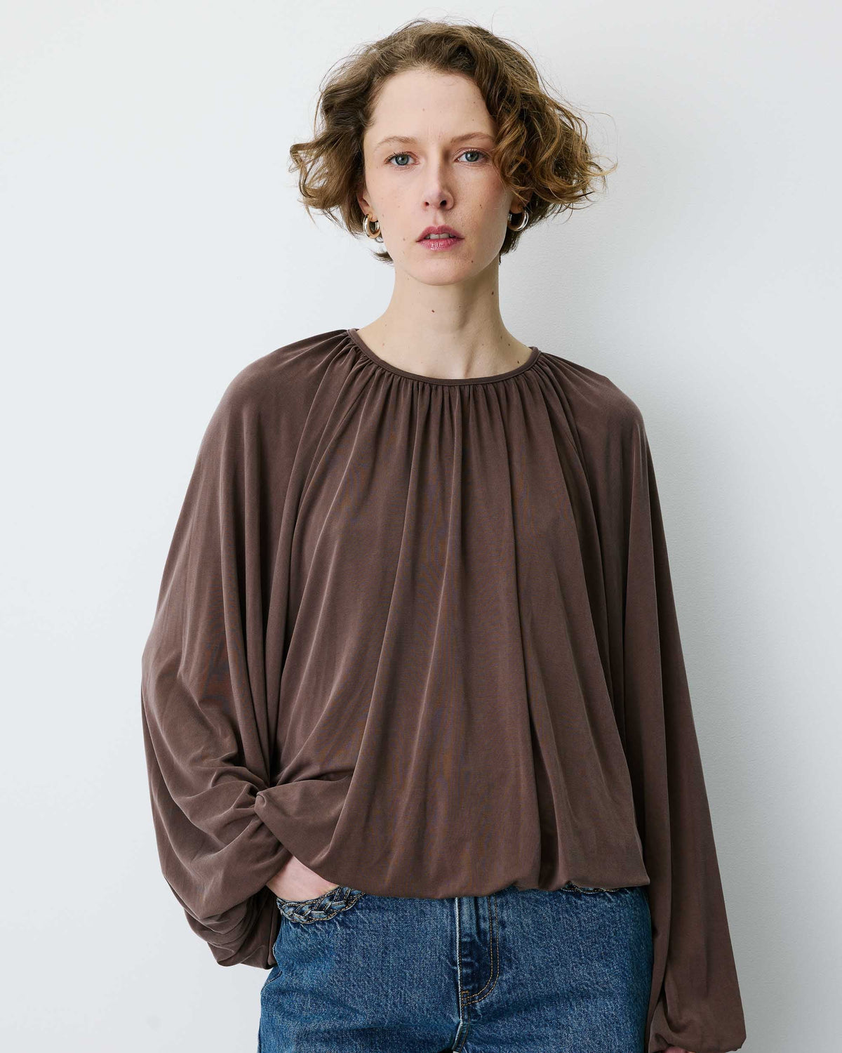 Brown Gathered Bubble Blouse