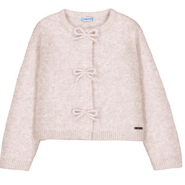 Beige Cardigan with Bow Front