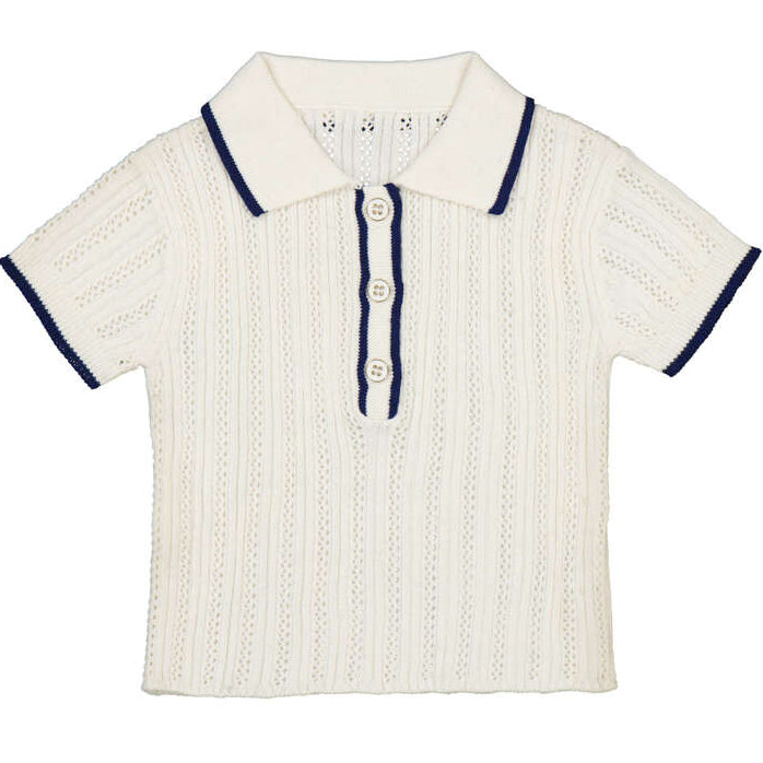 Cream Pointelle Polo Navy Trim