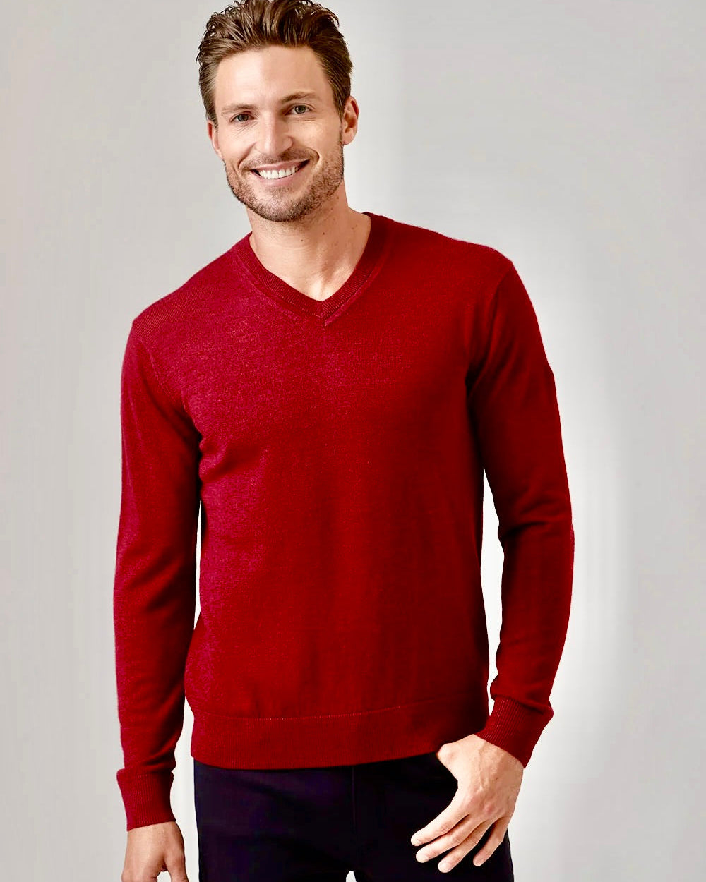 Men's Red Merino V-Neck Sweater