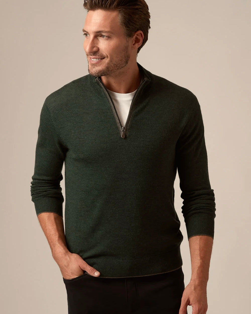 Men's Olive Merino Quarter Zip Sweater