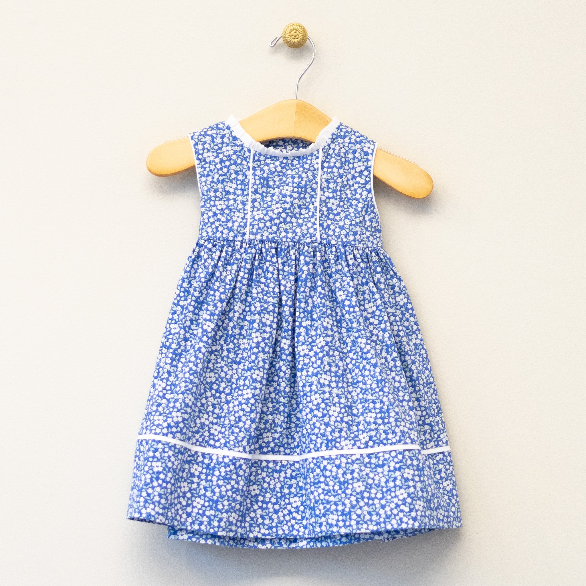 Blue Ditsy White Trim Infant Dress