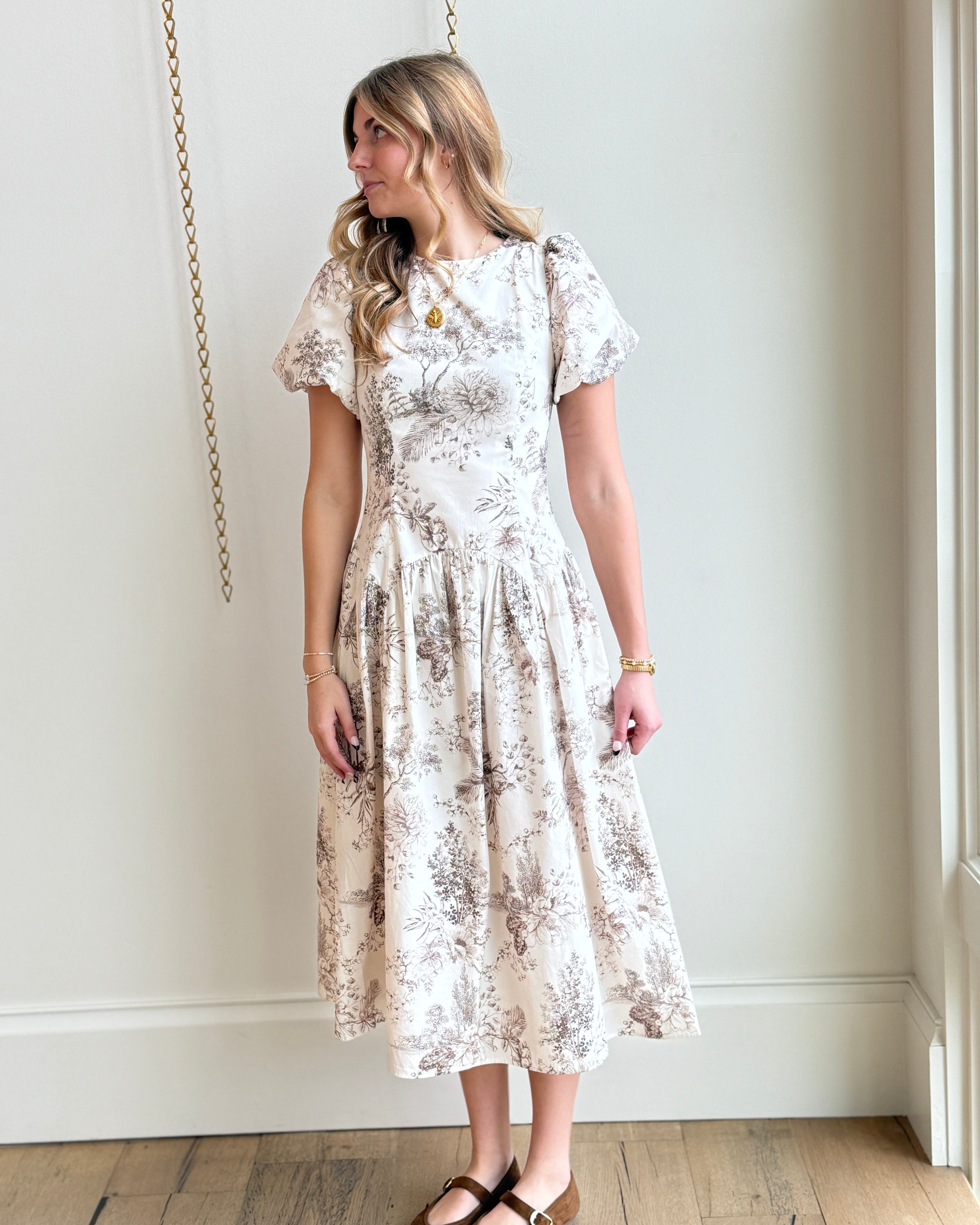 Cream Brown Toile Drop Dress