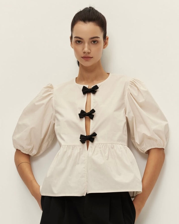 Luna Ecru Black Bows Blouse