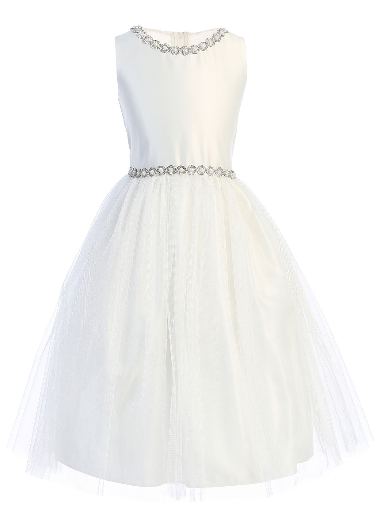 White Jeweled Neck & Waist Satin and Tulle Dress