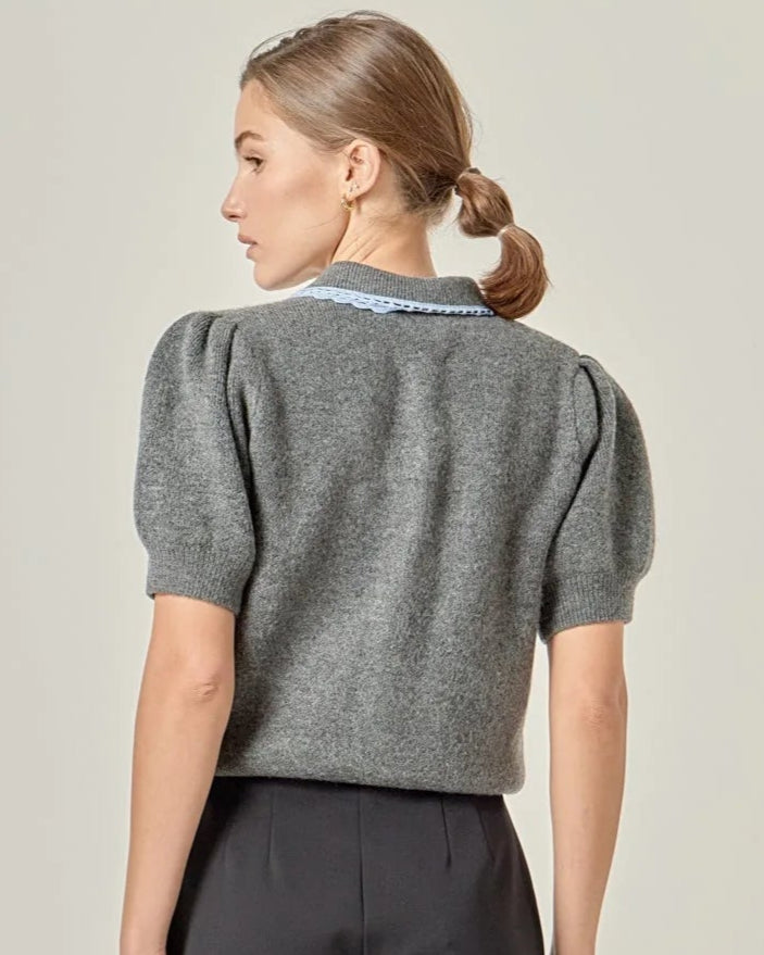 Grey Cardigan with Blue Lace Trim