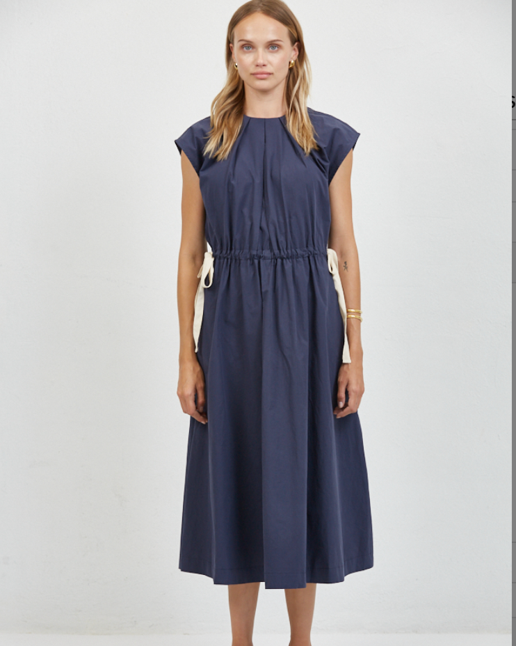 Women's Navy Poplin Drawstring Dress