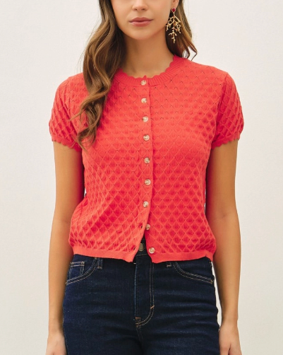 Tomato Red Daimond Pointelle Cardigan