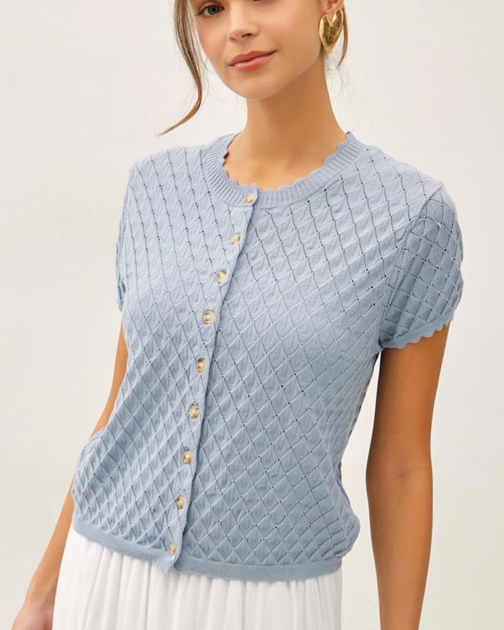 Dusty Blue Diamond Pointelle Cardigan