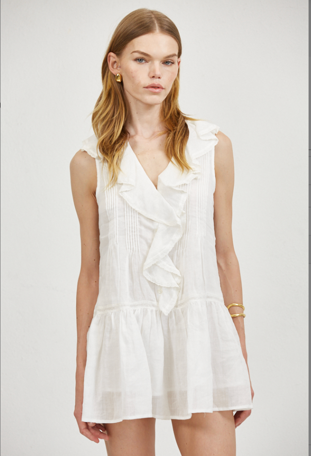 Maire White Ruffle Front Mini Dress