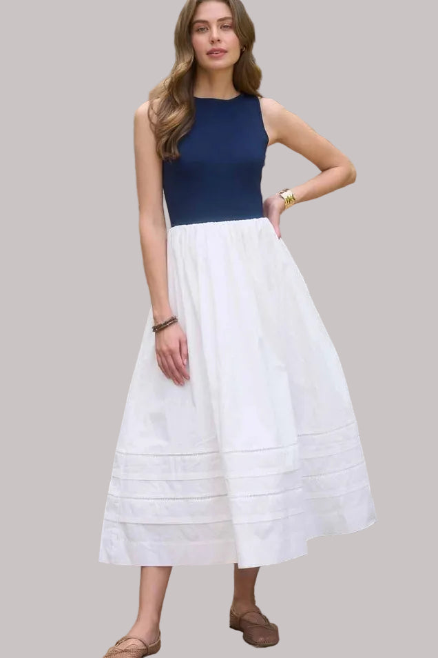 Women's Navy Mix Media Midi Dress