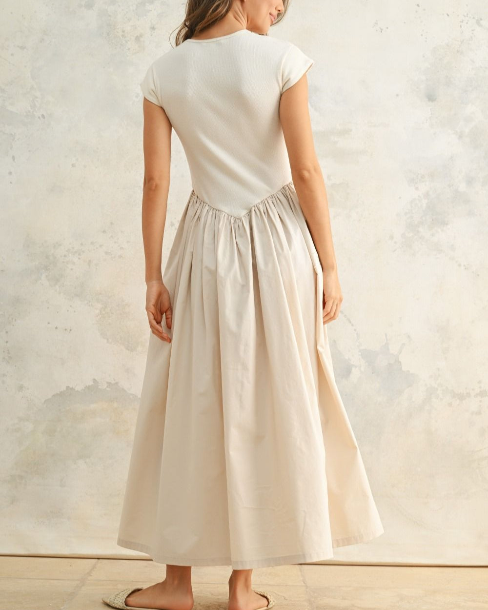 Cream Knit and Woven Skirt Dress