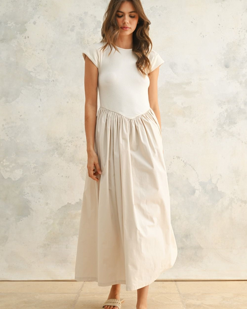 Cream Knit and Woven Skirt Dress