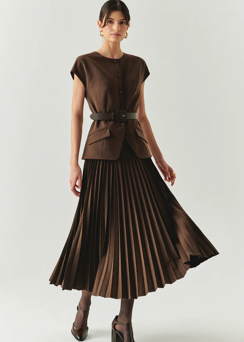 Jolie Brown Waistcoat with Pleated Skirt Dress Jolie Brown Waistcoat with Pleated Skirt Dress