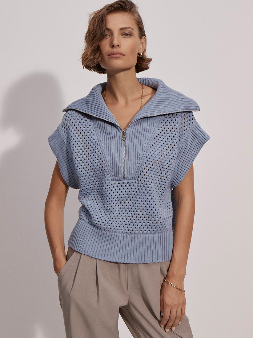 Varley Eloise Blue Crochet Zip Sweater