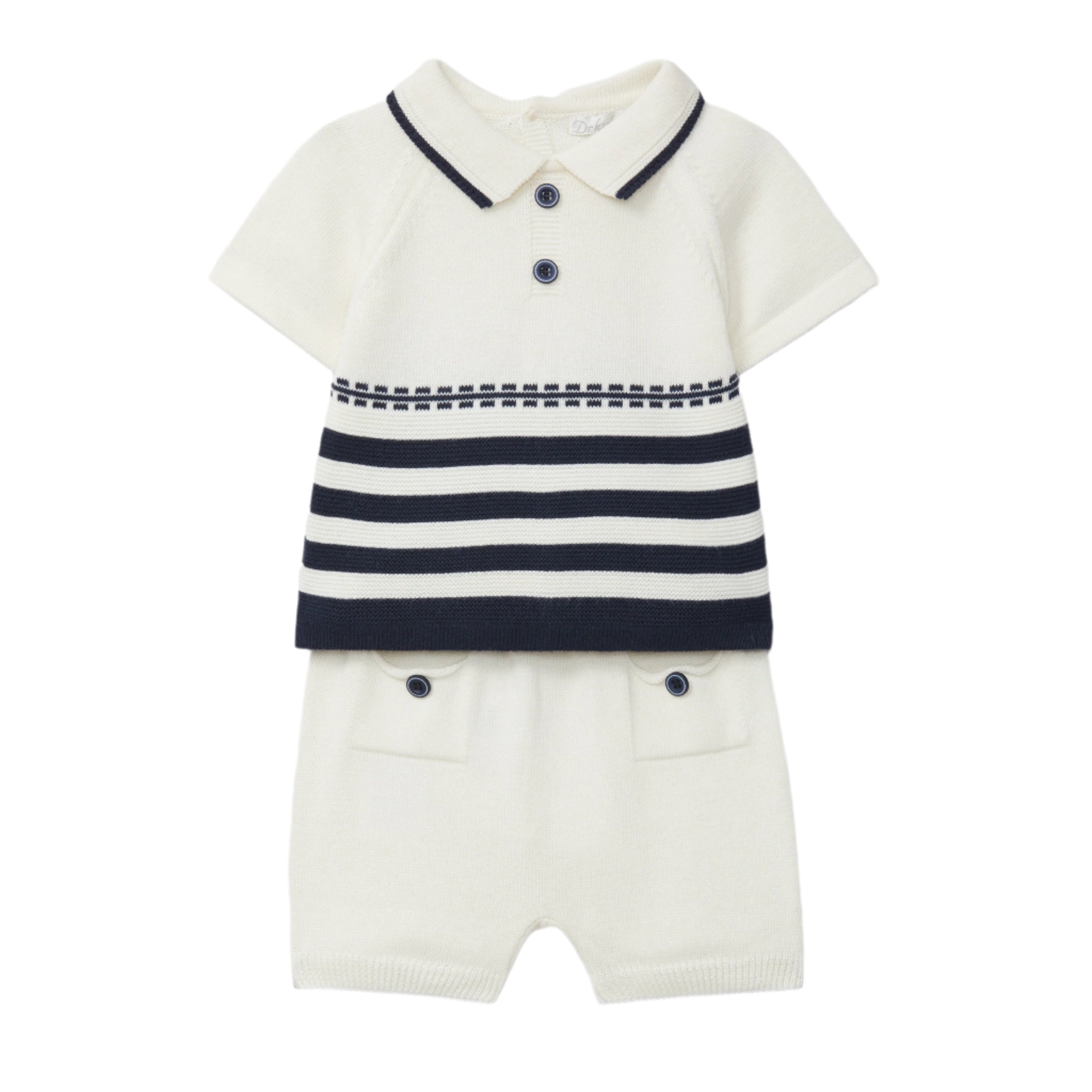 White Knit Shortset with Navy Stripes