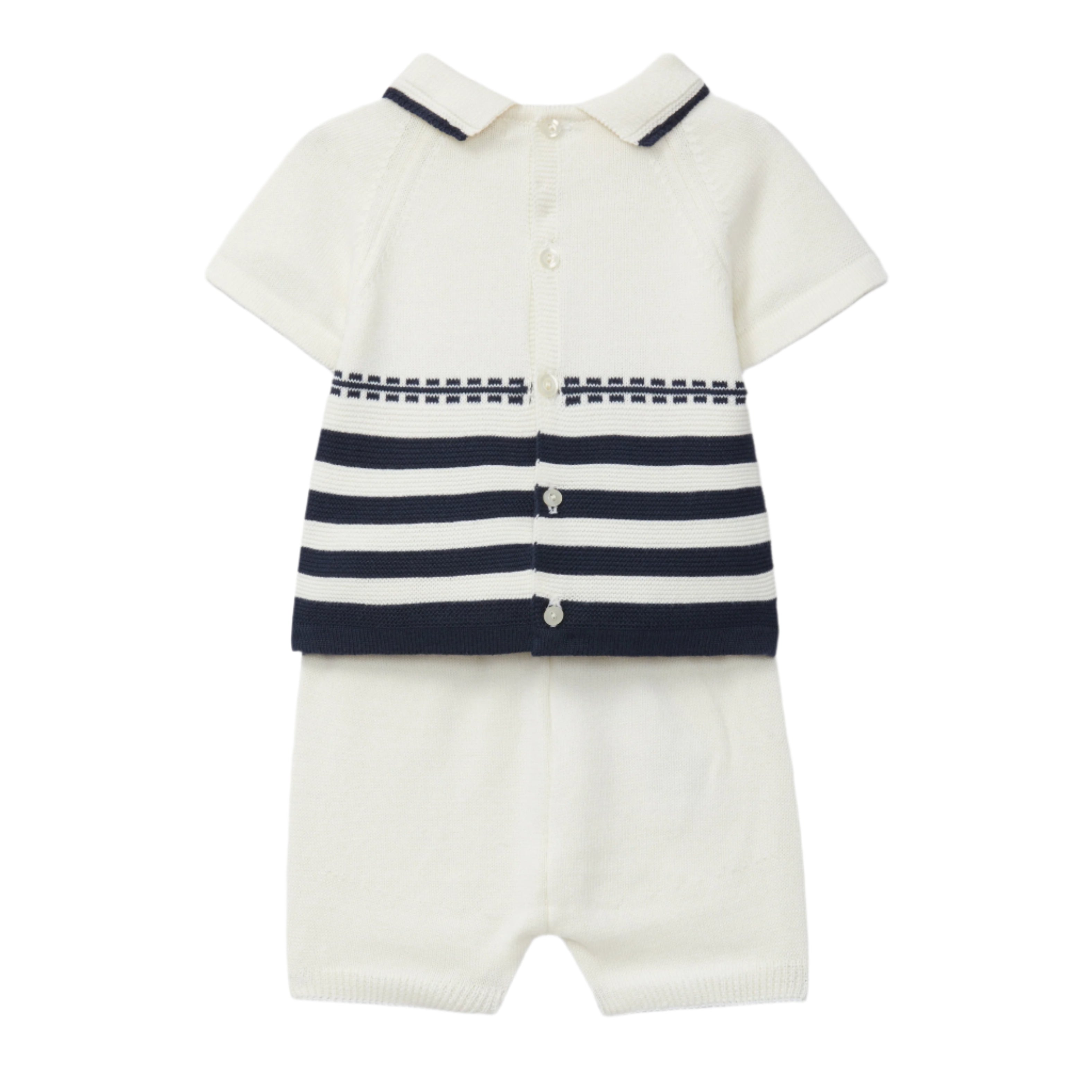 White Knit Shortset with Navy Stripes