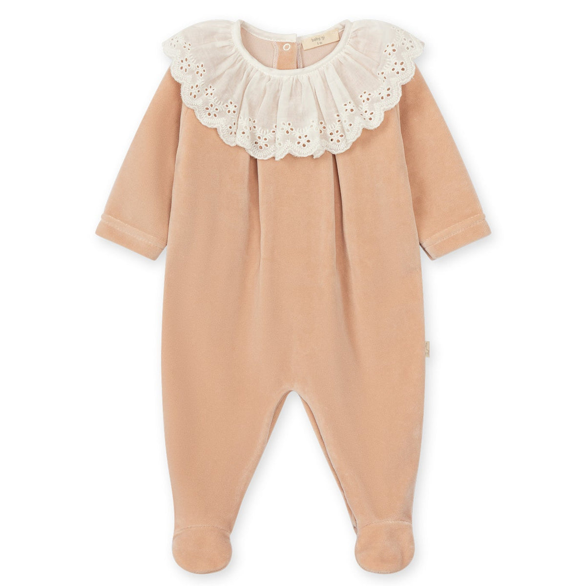 Pastel Pink Velour Footie with Broderie Anglaise