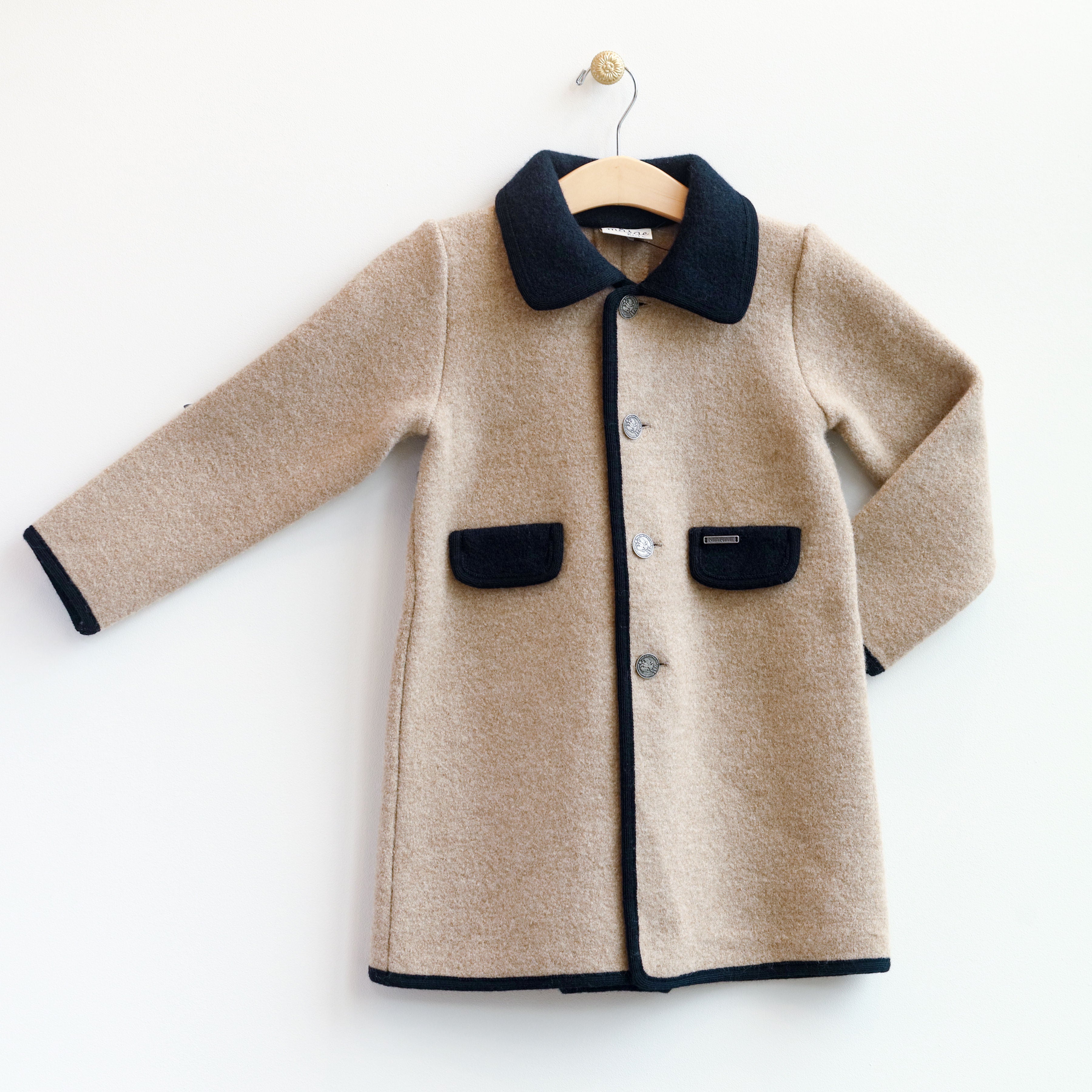 Beige with Navy trim Boiled Wool Coat