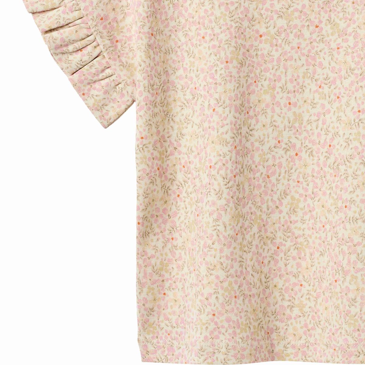 Beige Pink Floral Knit Tee Ruffle Sleeve