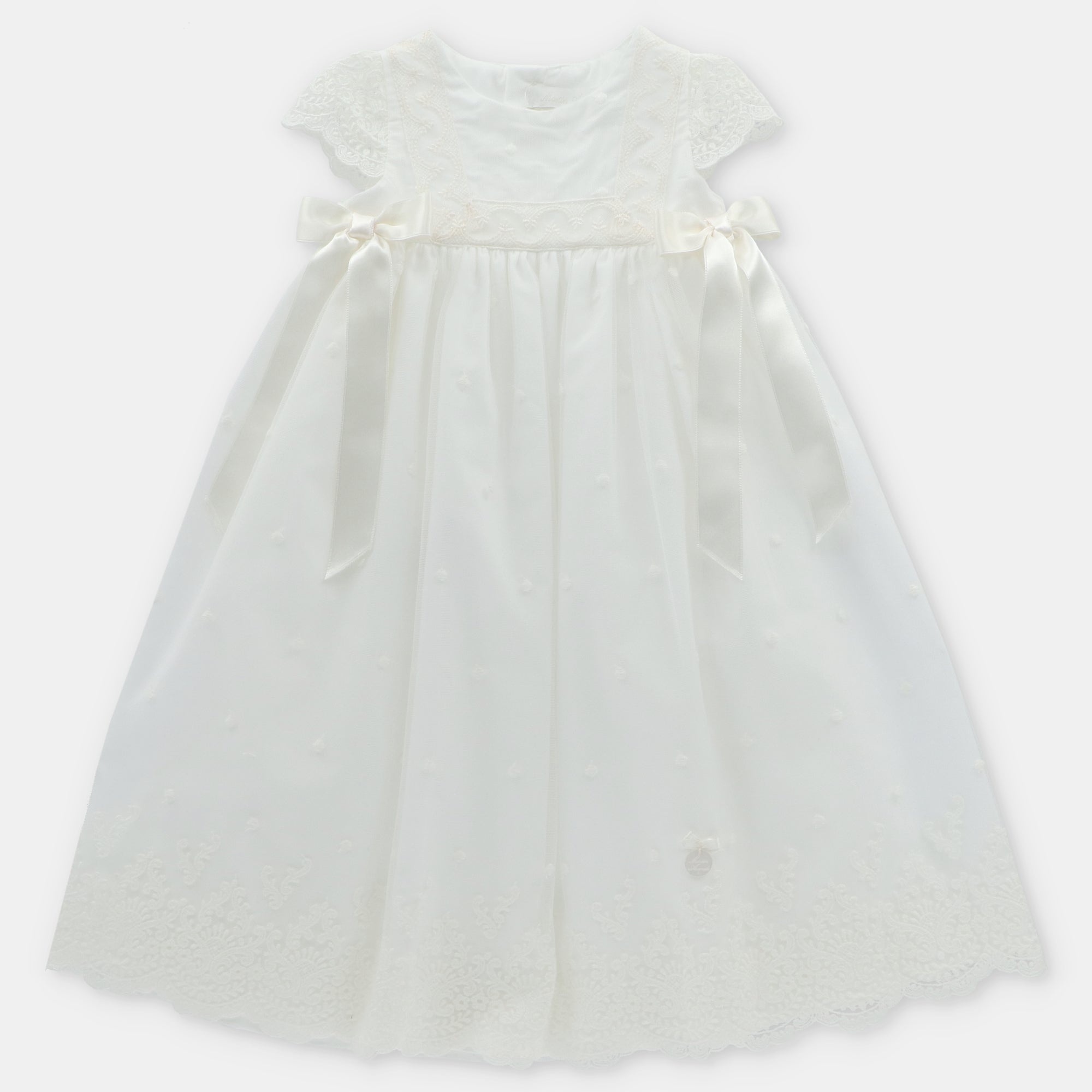 Girl's Off White Embroidered Lace and Dot Tulle Gown