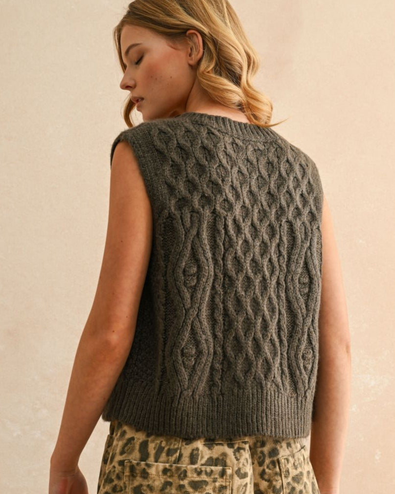 Olive Cable Vest with Ties