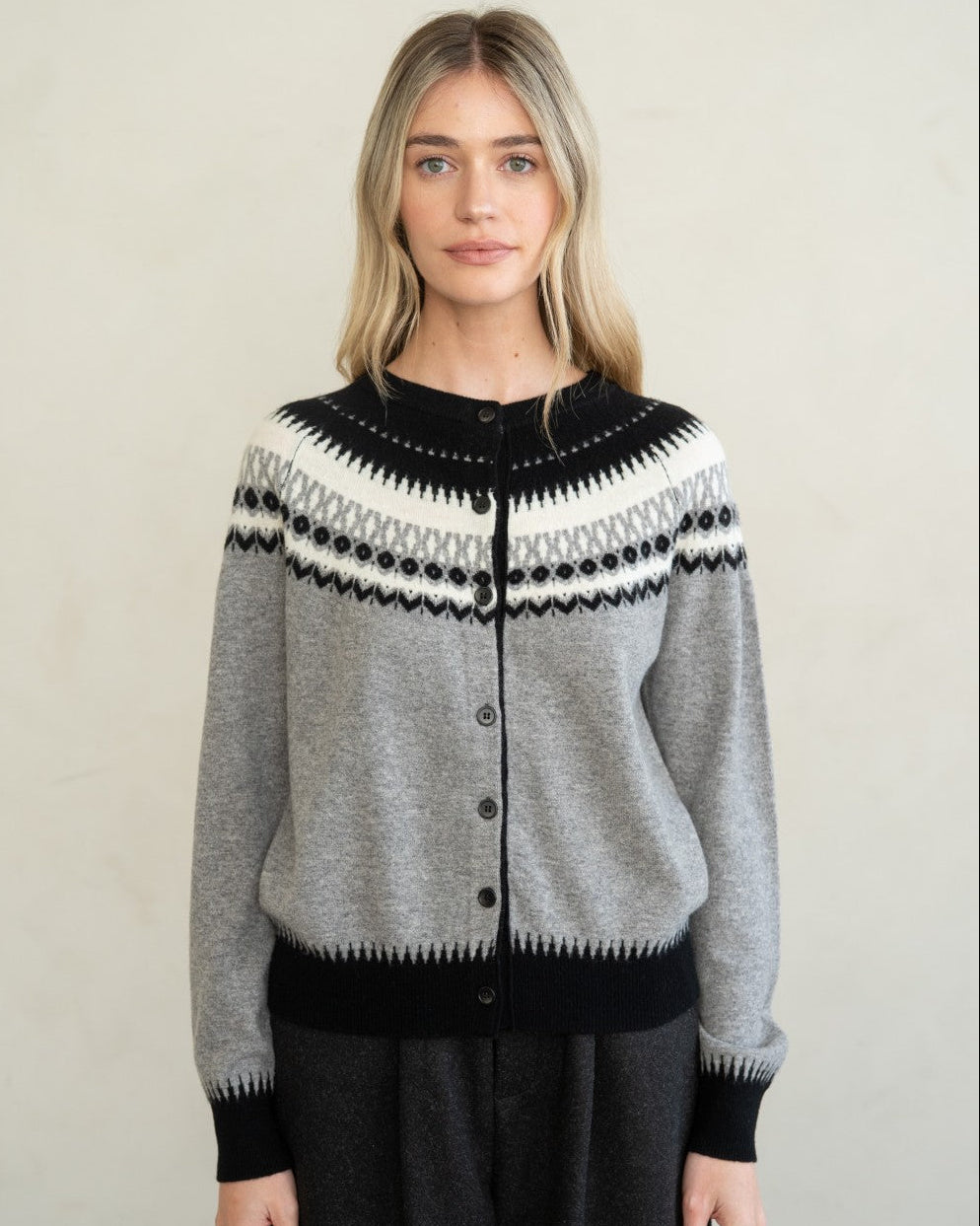 Grey Fair Isle Knit Cardigan