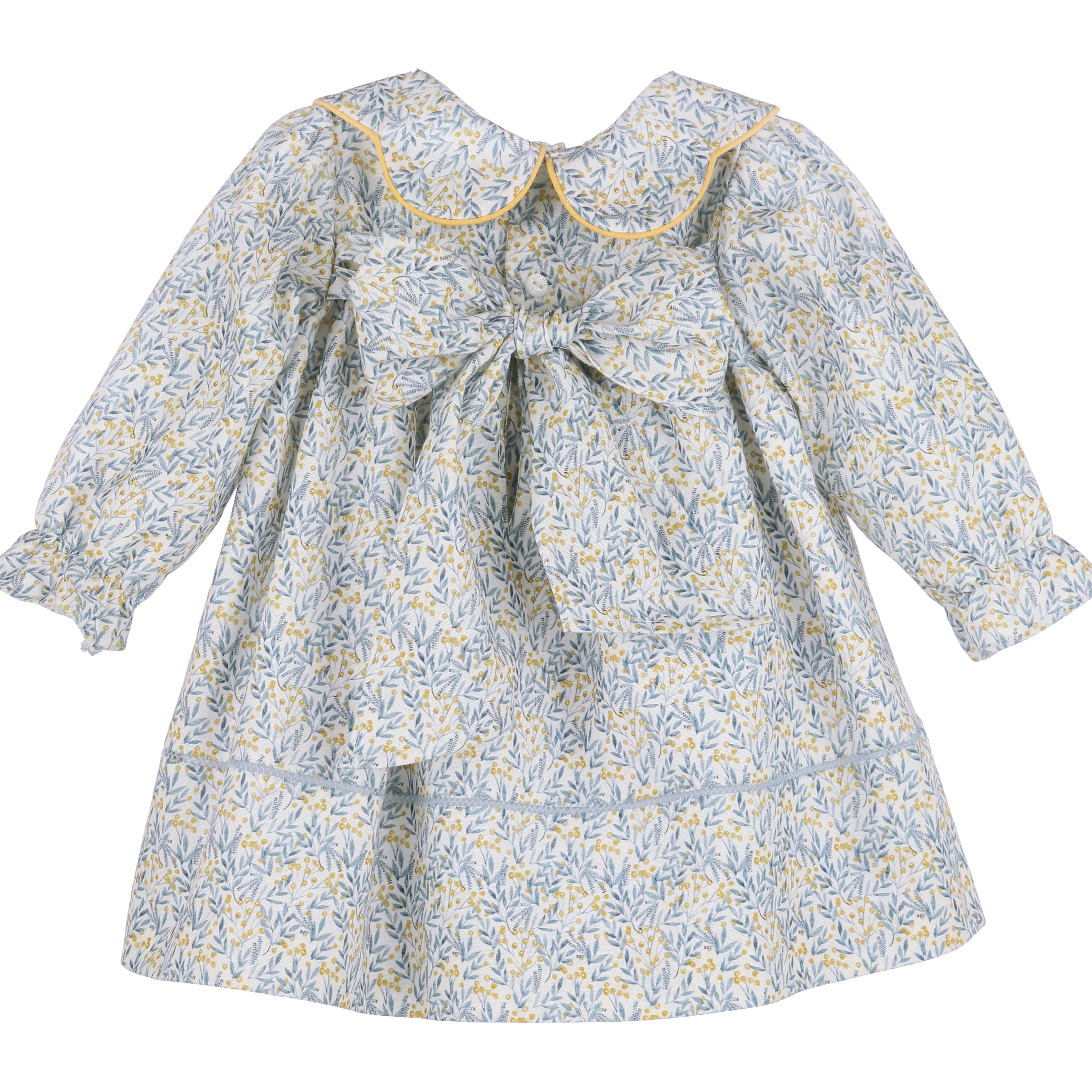 Blue and Gold Print Float Dress Piped Collar