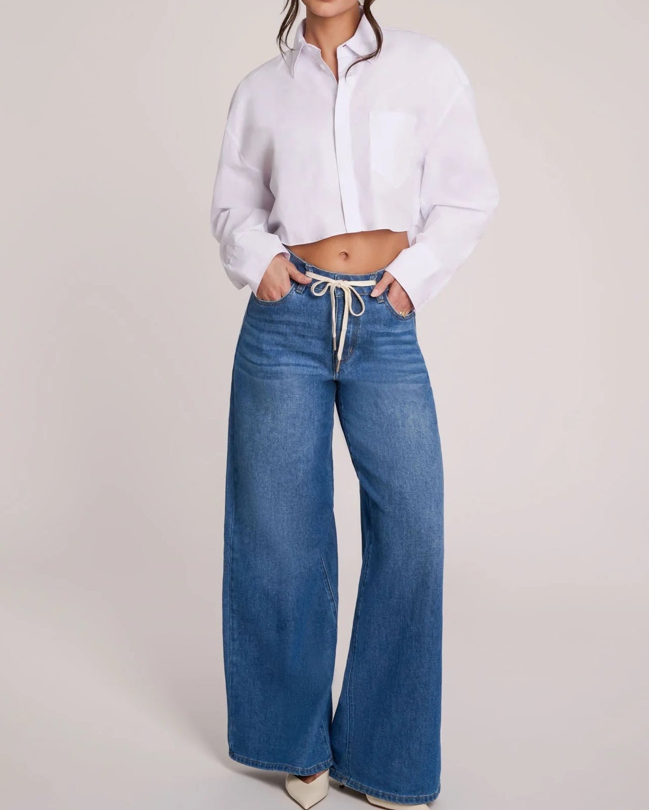 Denim Stretch Wide Leg Drawstring Pant