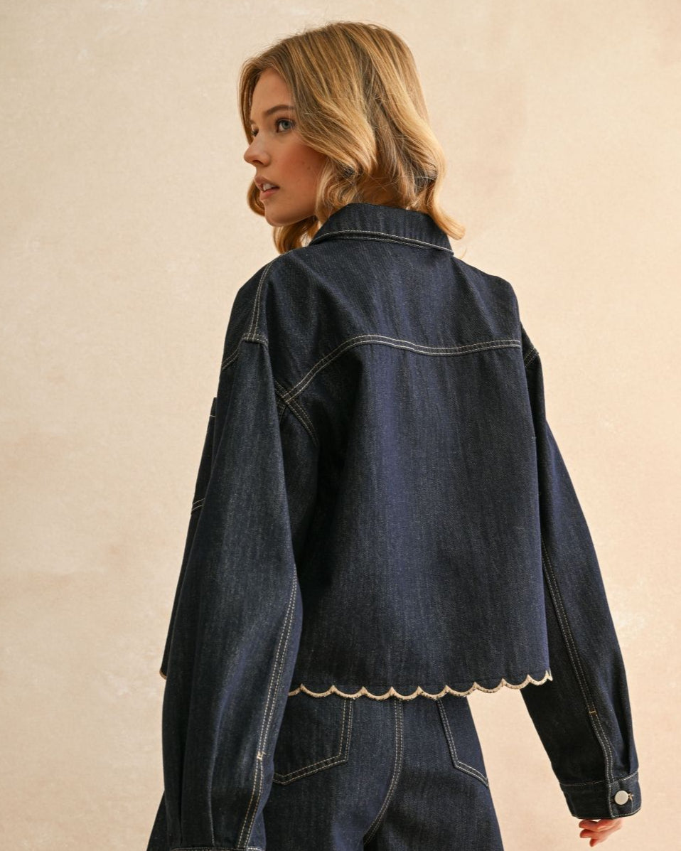 Dark Denim Crop Jacket with Scallop Hem